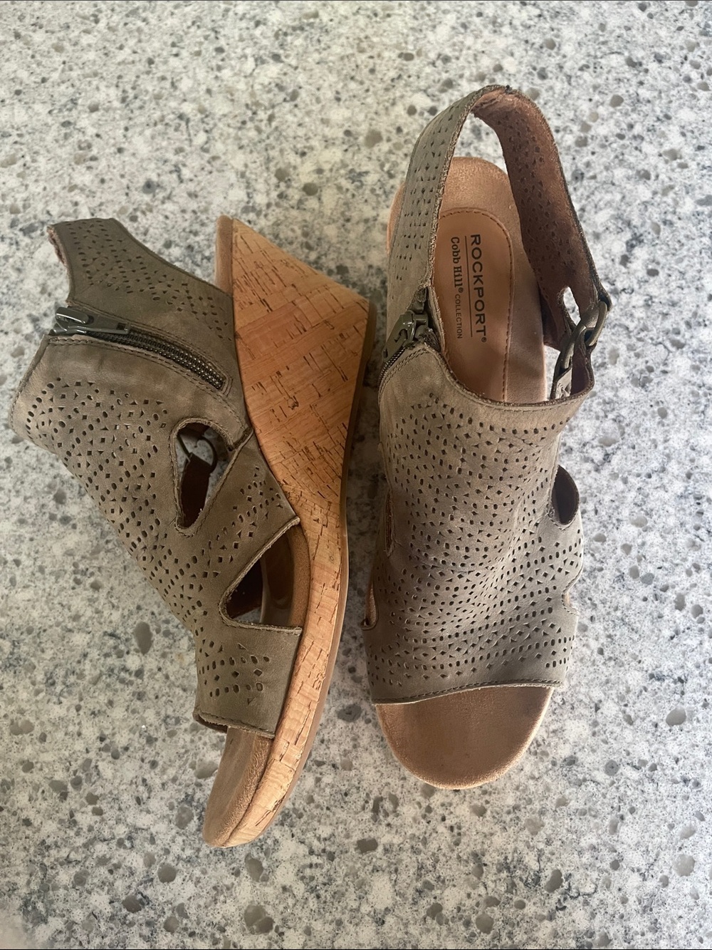 Rockport Olive Taupe Perforated Cork Wedge Sandals